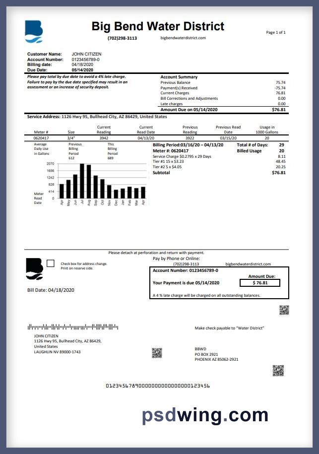 USA Nevada Big Bend Water District Utility Bill